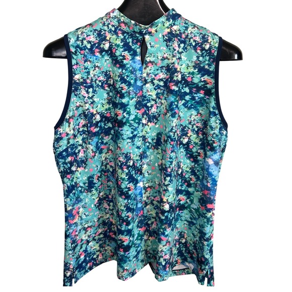 Lady Hagen Tops - Lady Hagen Womens XL Teal Floral Sleeveless Golf‎ Polo Mock Neck Keyhole Top